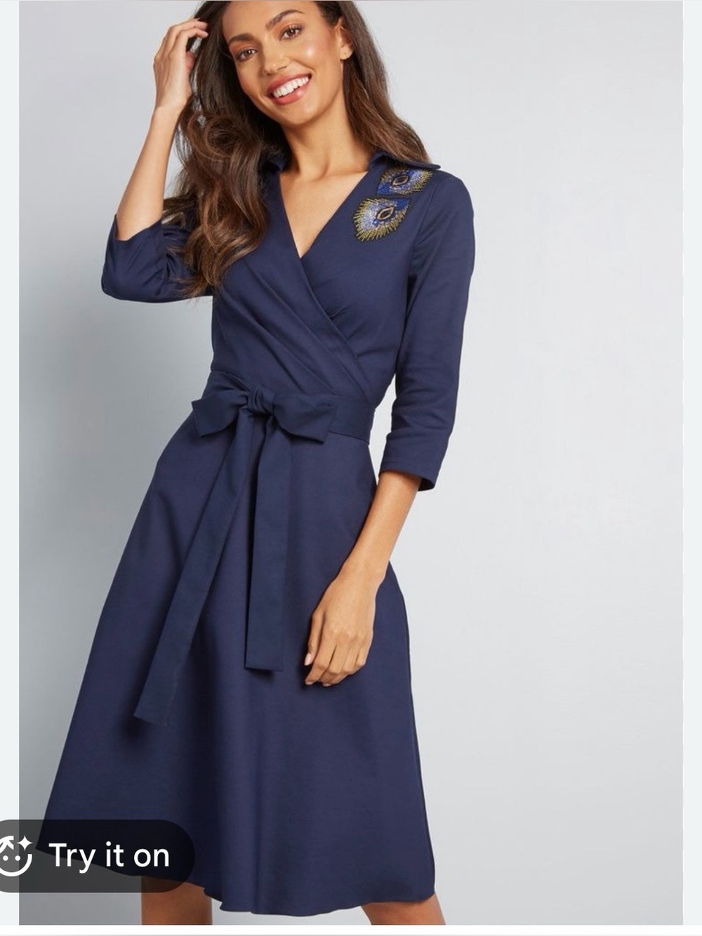 NWT Liza Luxe navy fit & flare dress peacock detail - Picture 2 of 8